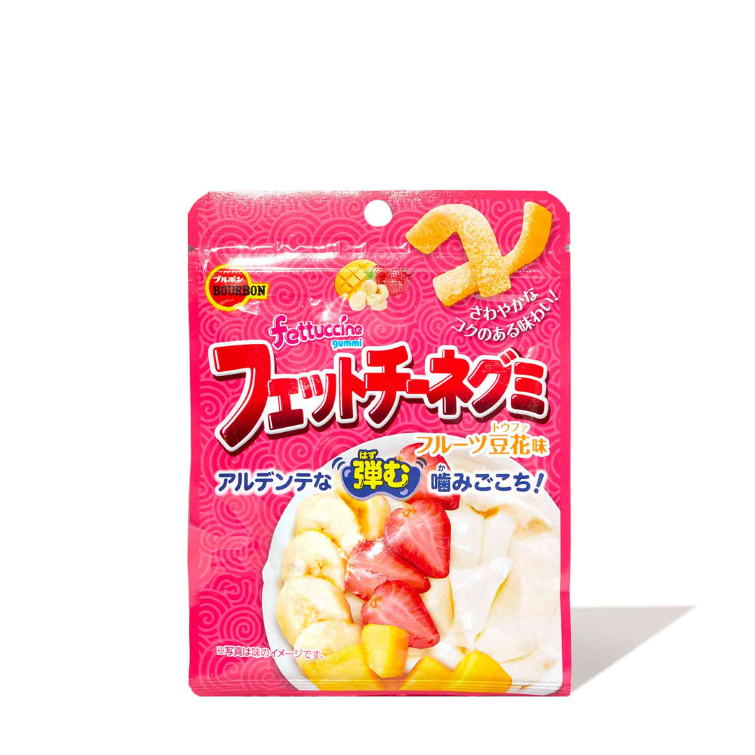 Bourbon Fettuccine Gummy: Fruit Pudding packet with fruit and ice cream.