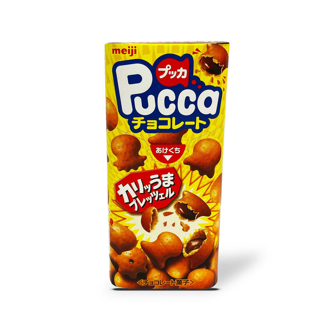 A box of Meiji Pucca Pretzel Cookies: Chocolate on a white background.