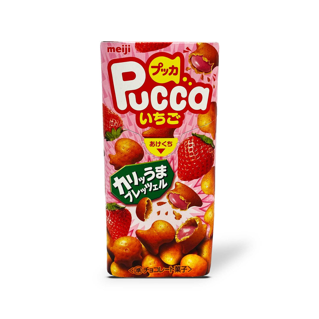 A box of Meiji Pucca Pretzel Cookies: Strawberry with strawberries and nuts on a white background.