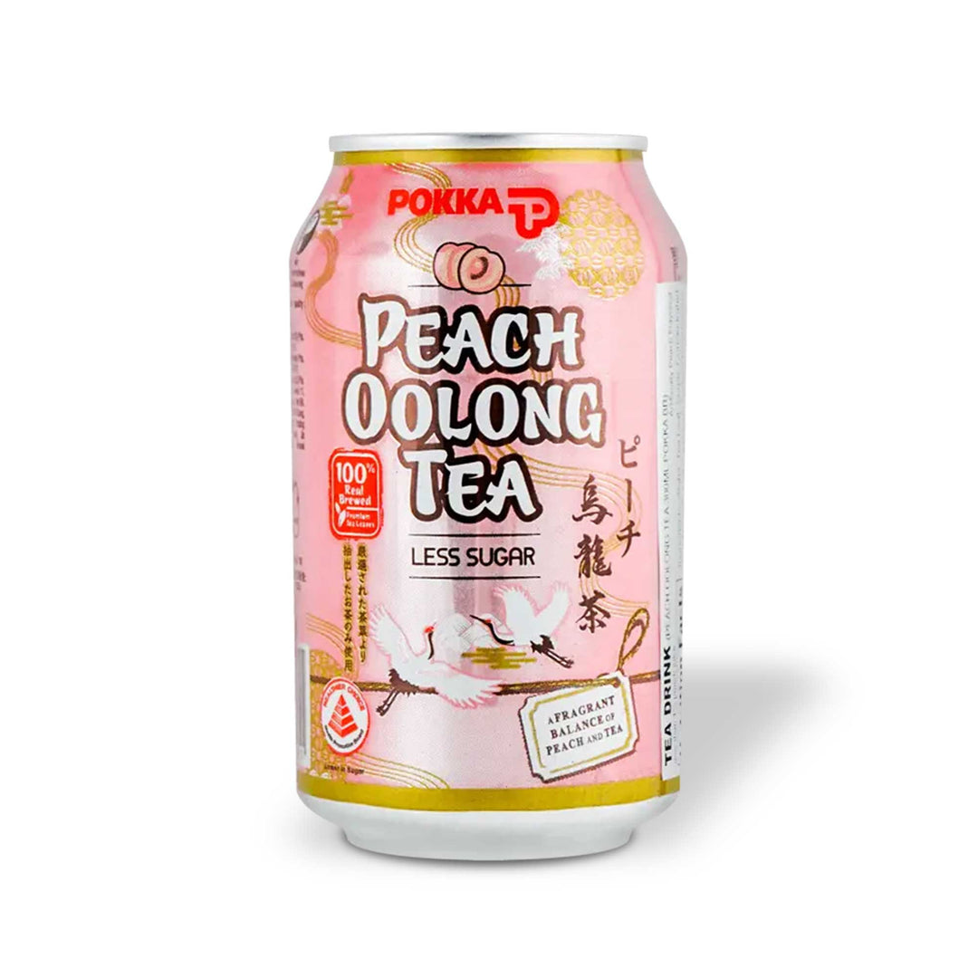 A can of Pokka Peach Oolong Tea on a white background.