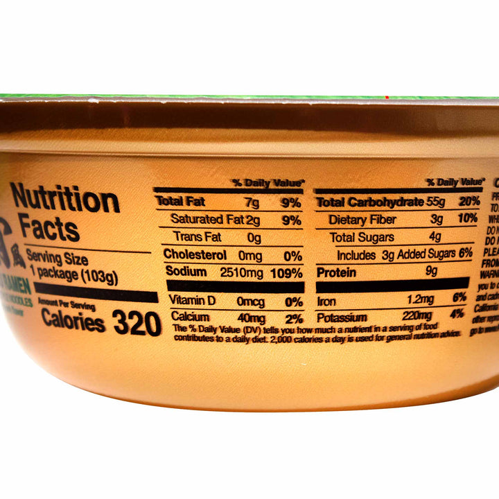 A close up of a container of New Touch Premium Ramen Noodle: Tonkotsu with nutrition facts on it.