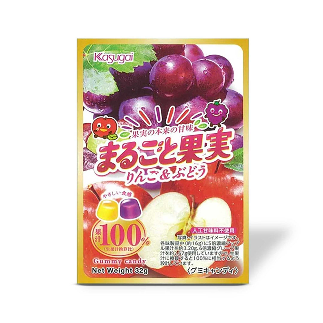 A packet of Kasugai Whole Fruit Juice Gummy: Apple & Grape with japanese writing on it.