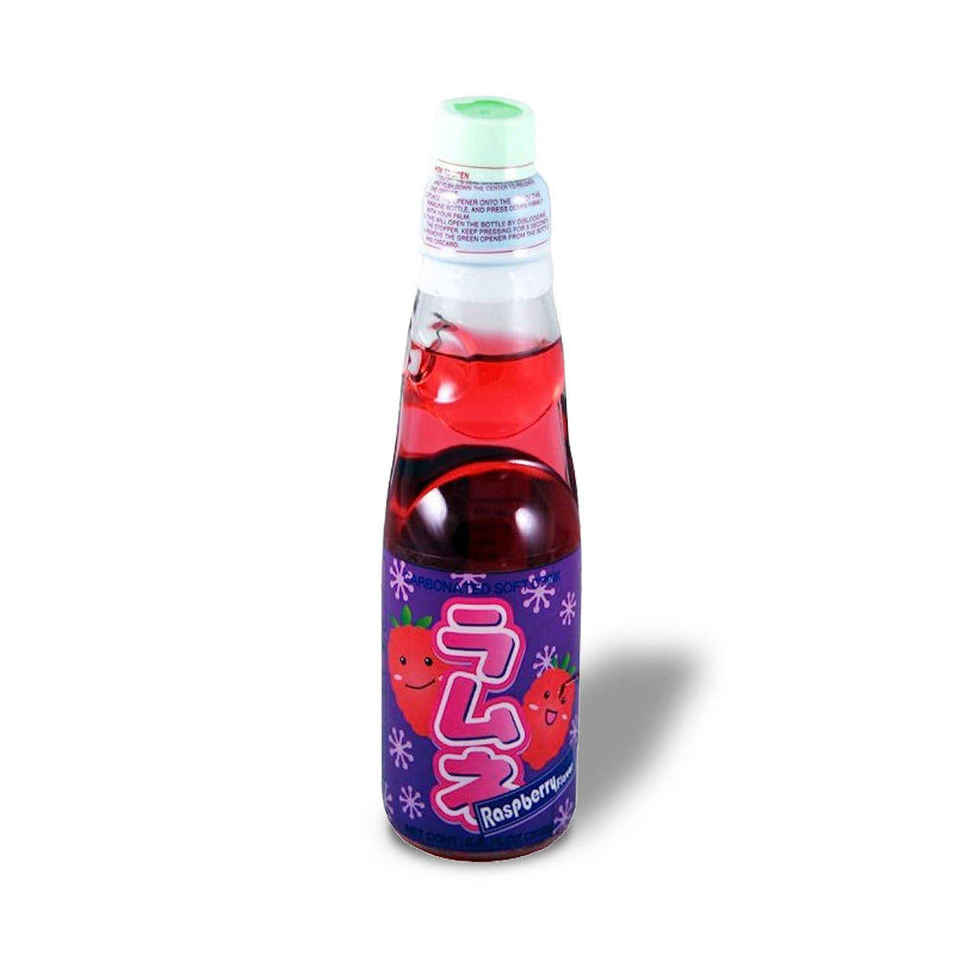 A bottle of Hata Ramune Soda: Raspberry on a white background.