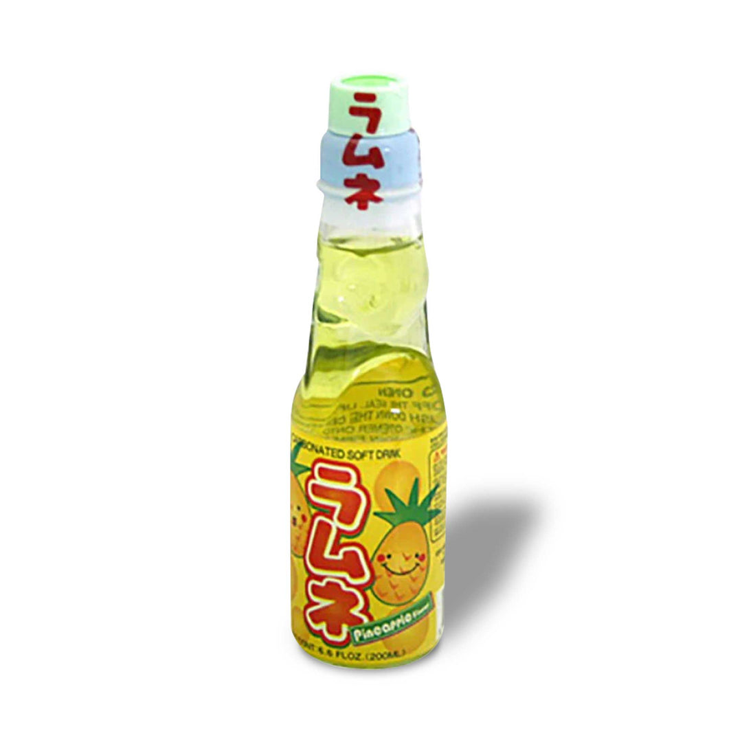 A bottle of Hata Ramune Soda: Pineapple on a white background.