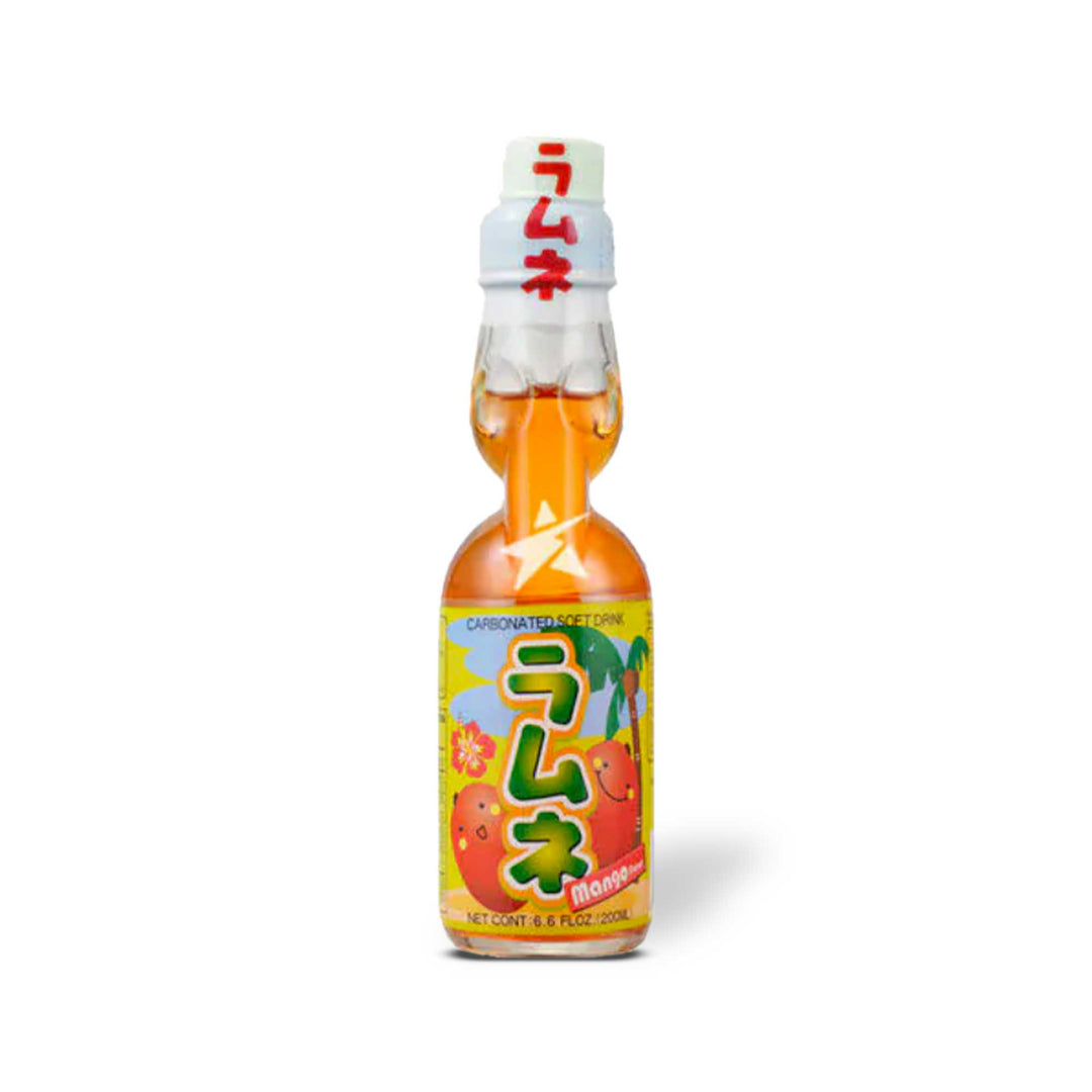 A bottle of Hata Ramune Soda: Mango on a white background.