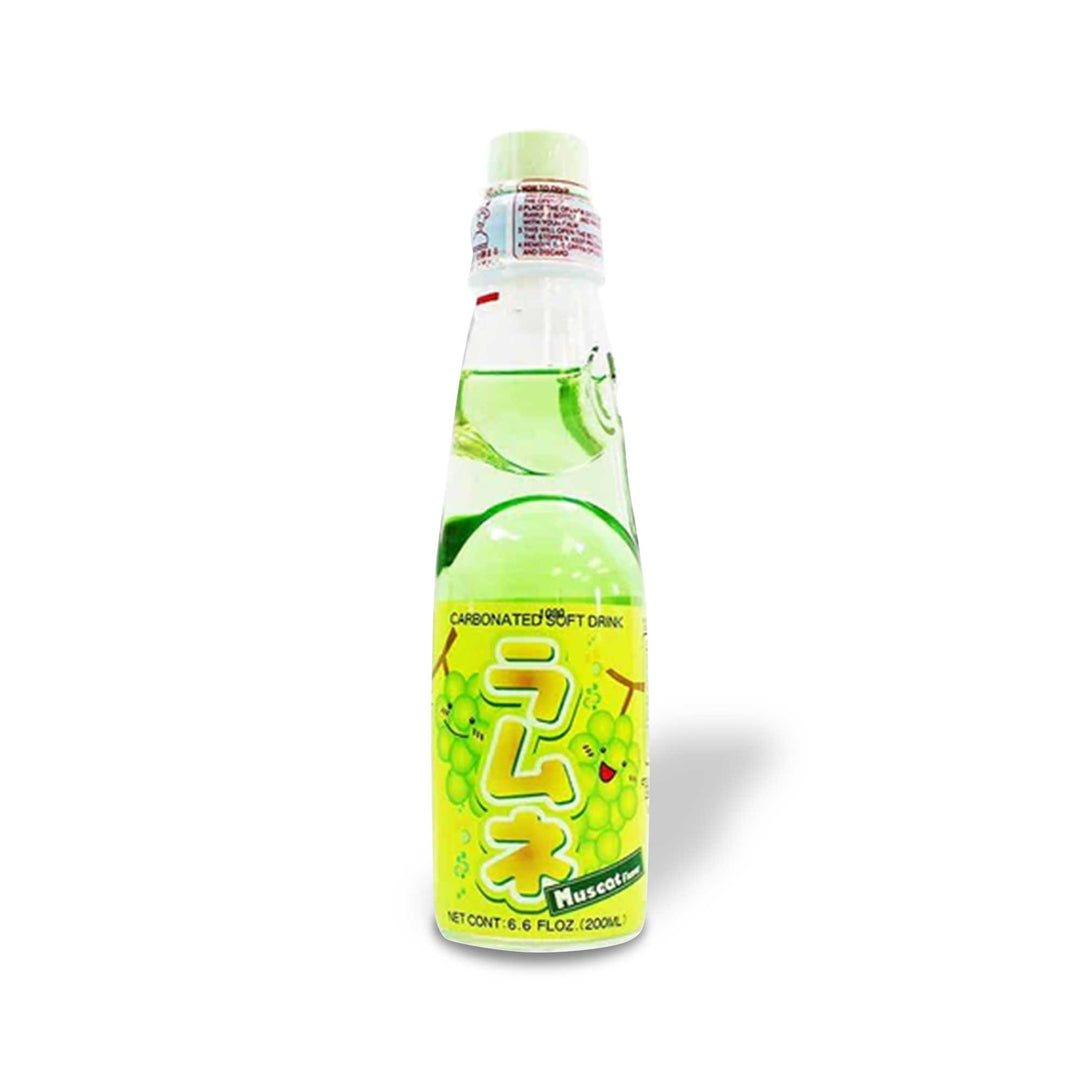 A bottle of Hata Ramune Soda: Muscat Grape on a white background.