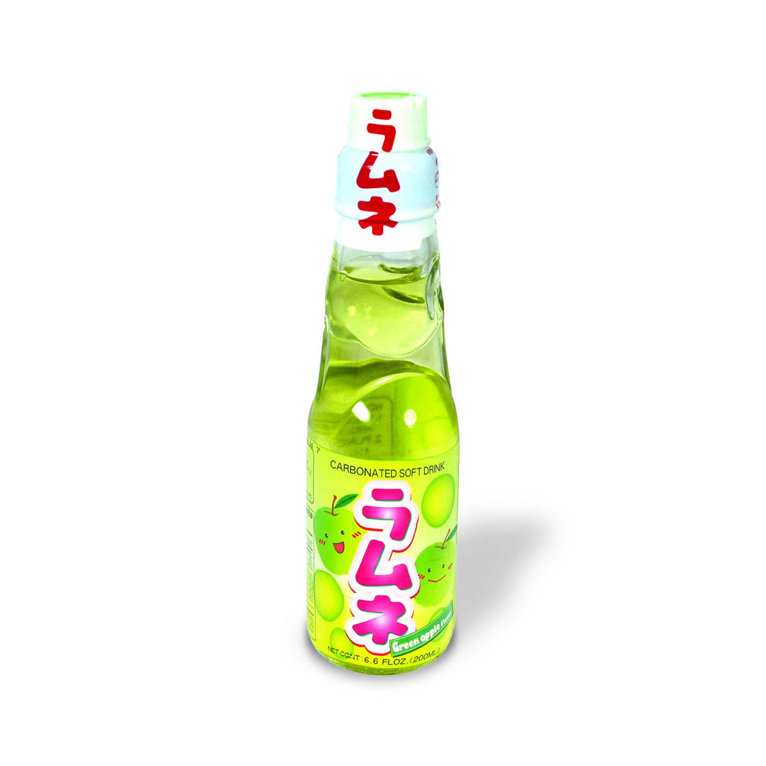 A bottle of Daiei Ramune Soda: Green Apple with Hata branding on it.
