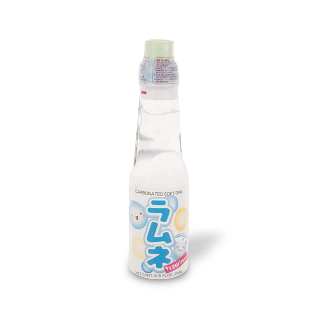 A bottle of Daiei Ramune Soda: Yogurt with a blue label on it.