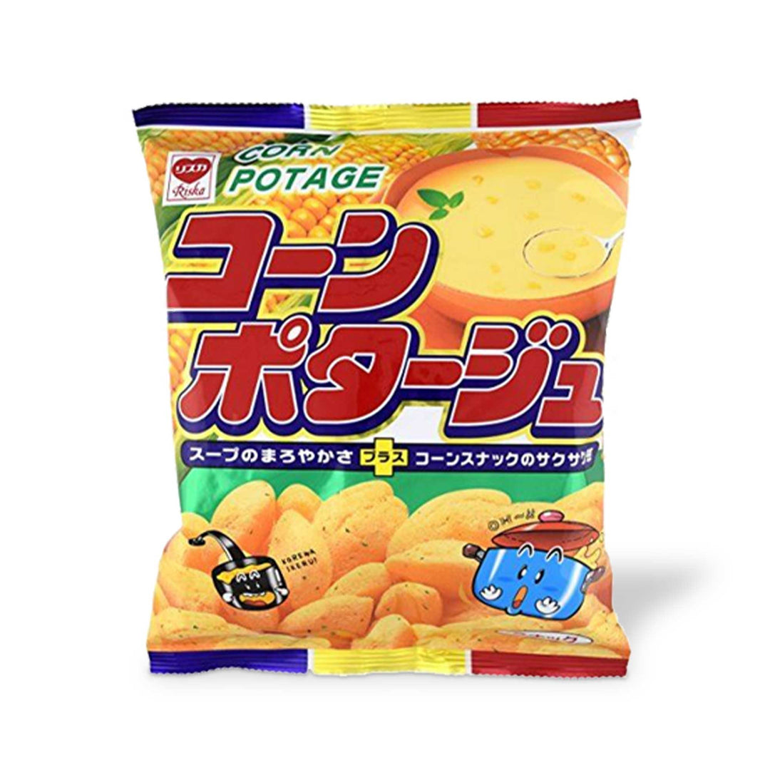 A bag of Riska Corn Potage Puffs with Japanese words on it.