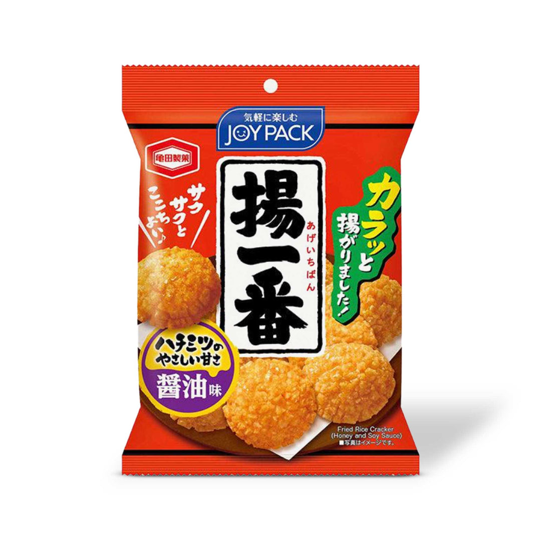 A bag of Kameda Age Ichiban Rice Crackers on a white background.