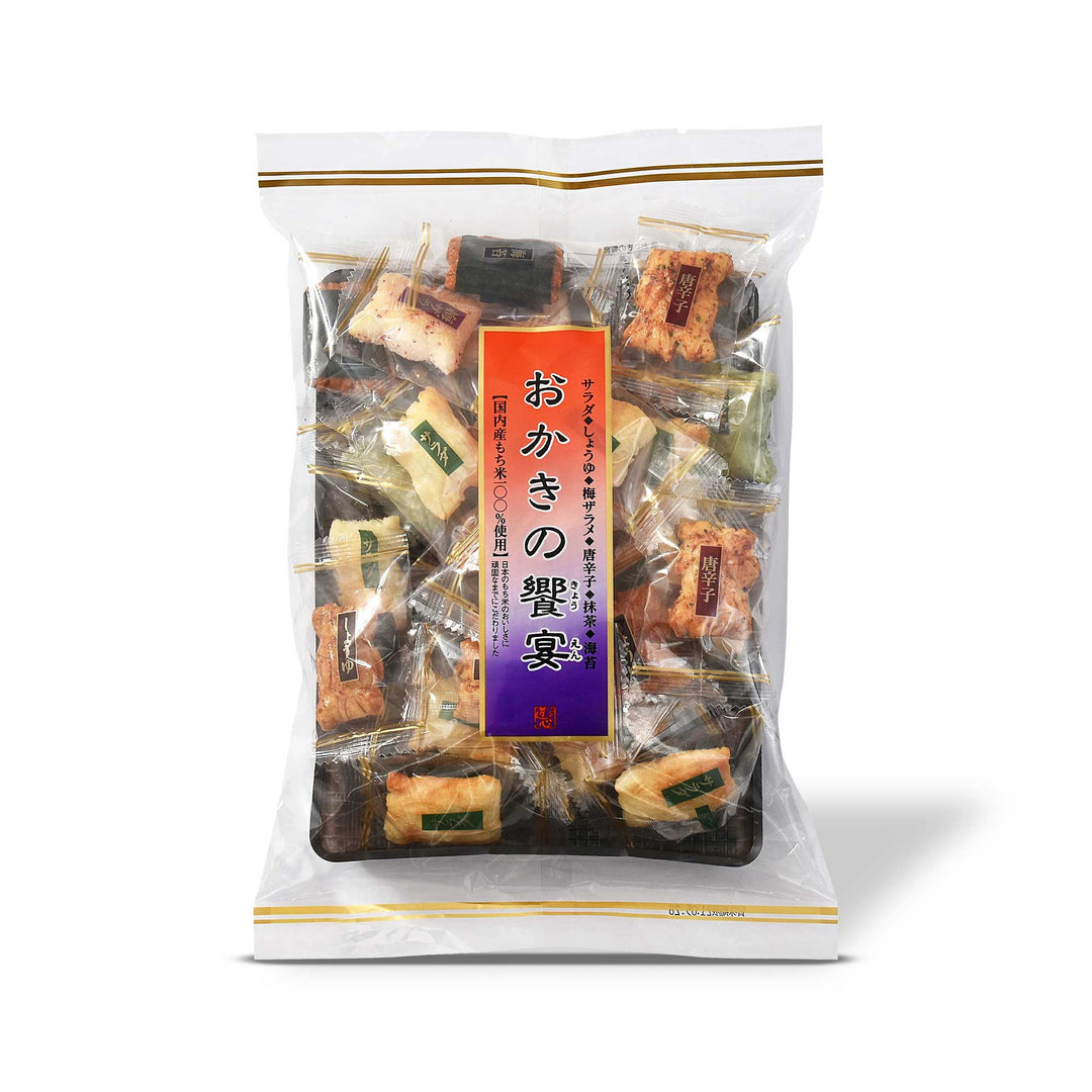 A bag of Maruhiko Okaki Orchestra Assorted Rice Crackers in a plastic bag.