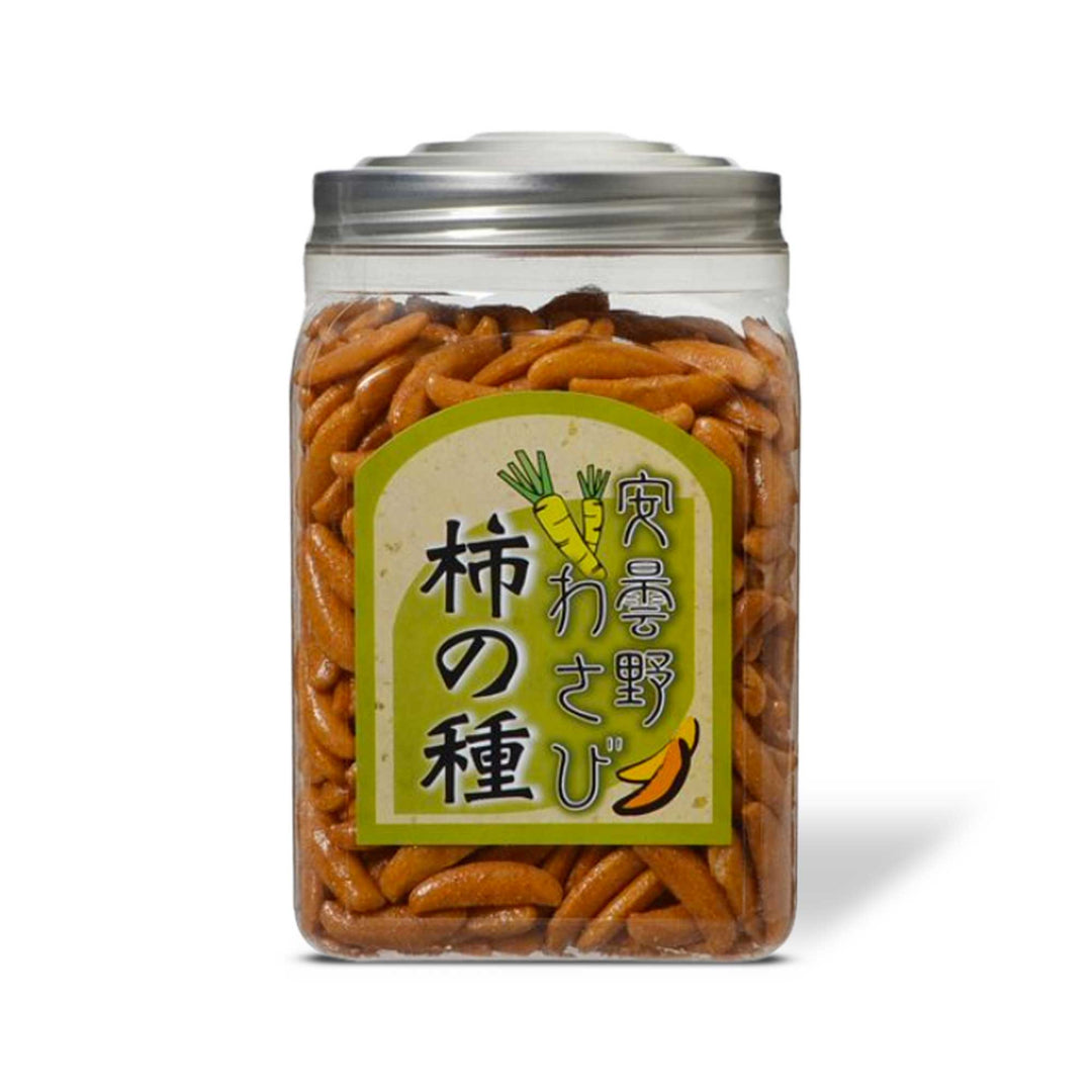 A jar filled with Ohashi Kaki no Tane: Azumino Wasabi snacks.