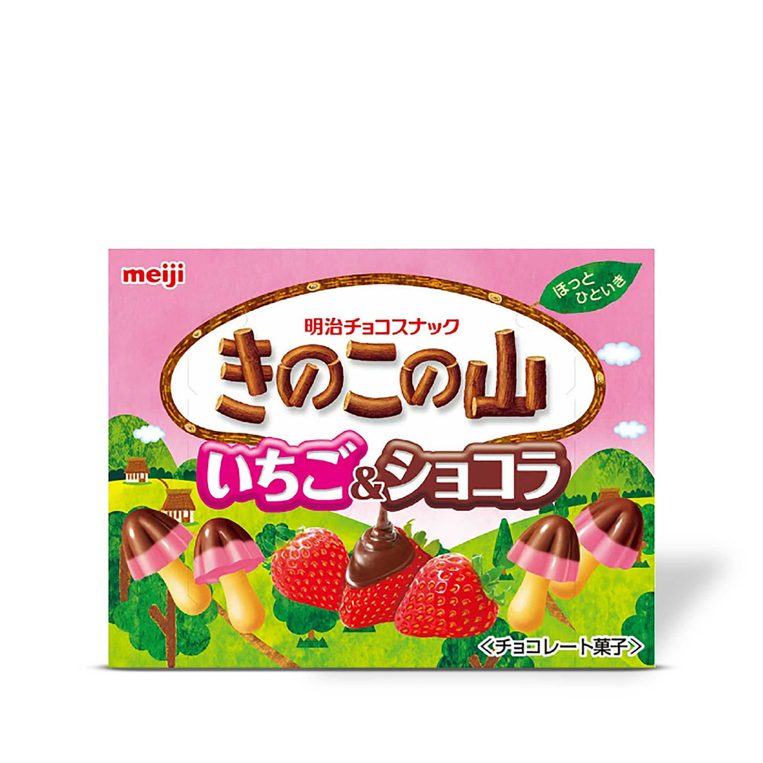 A box of Meiji Kinoko no Yama Strawberry Chocolate Biscuit Cookies with strawberries on it.