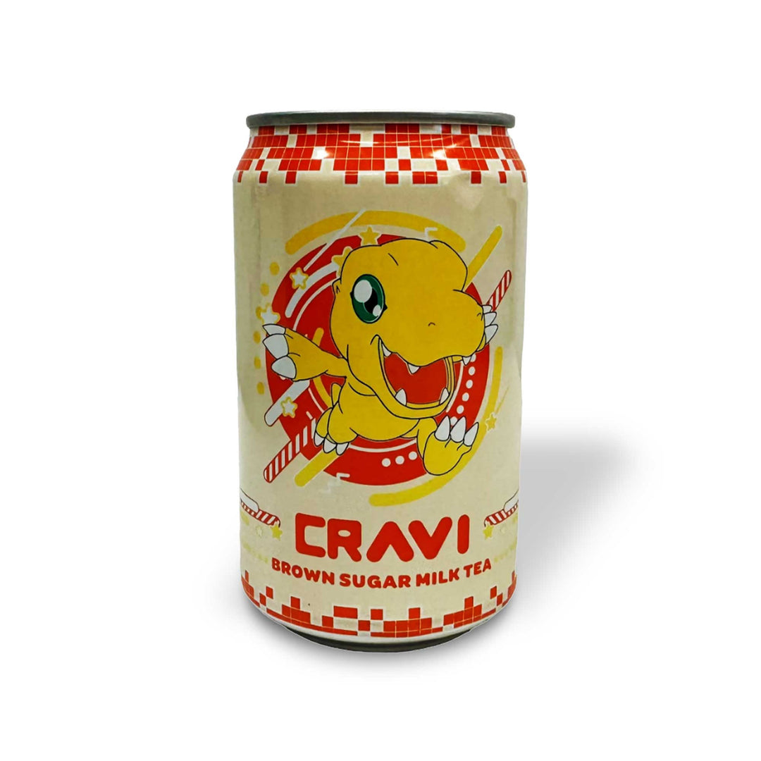 A can of Cravi Digimon Milk Tea: Brown Sugar Agumon on a white background.
