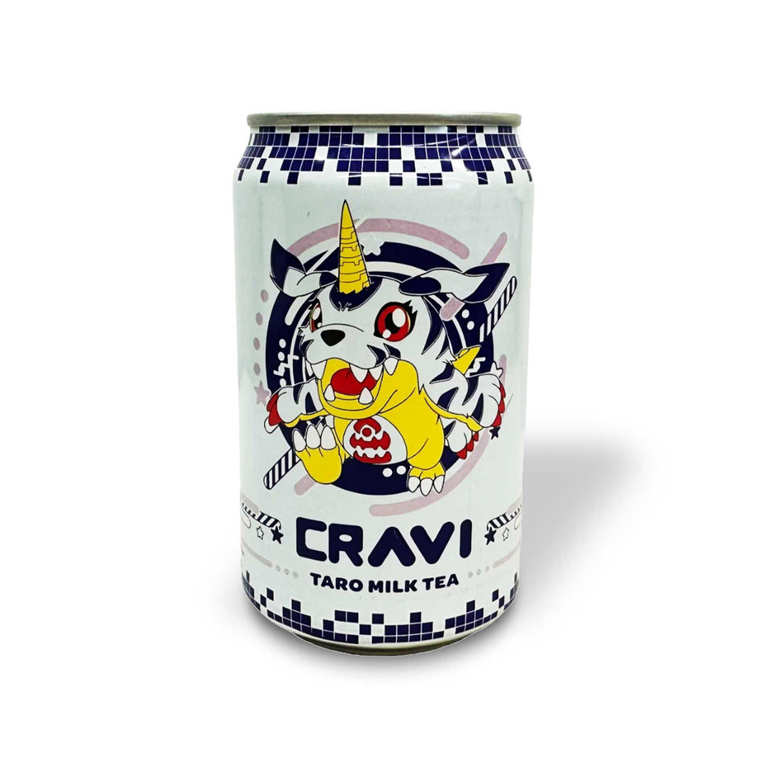 A can of Cravi Digimon Milk Tea: Taro Gabumon on a white background.
