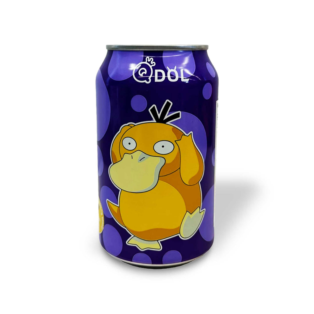 A QDol Pokemon can with a Grape Psyduck cartoon character on it.