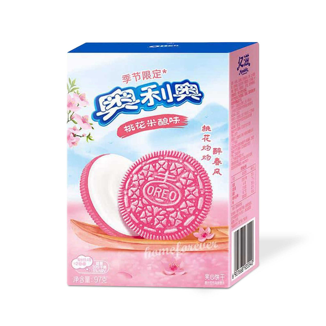 Oreo cookies in a box of Oreo Cookies: Spring Peach Blossom with Chinese writing on it.