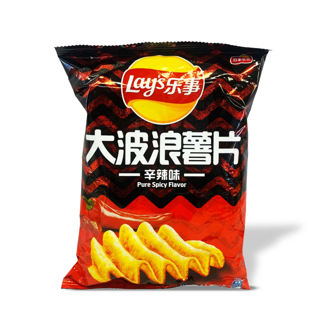 A bag of Lay's Wavy Potato Chips: Pure Spicy with chinese writing on it.