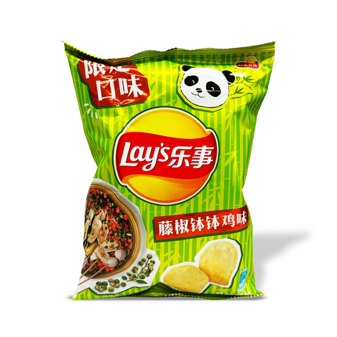 A bag of Lay's Potato Chips: Sichuan Chicken Skewer with a panda on it.