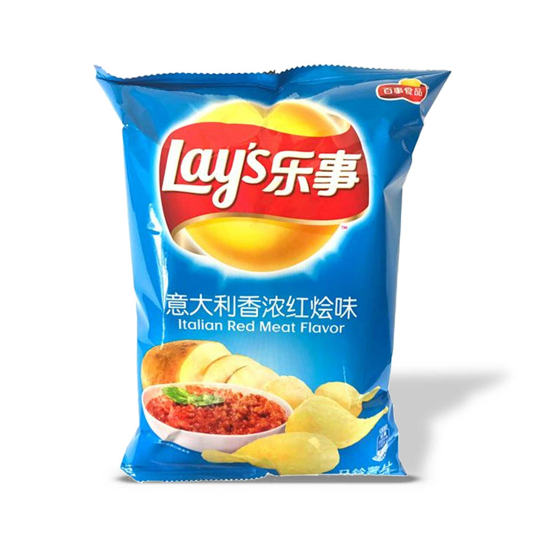 Lay's Italian Meat Sauce flavored potato chips.