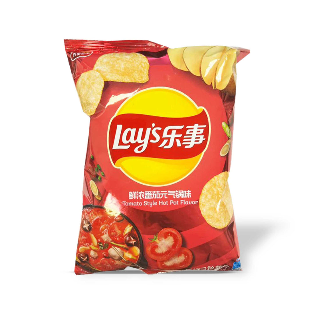 A bag of Lay's Potato Chips: Tomato Hot Pot on a white background.