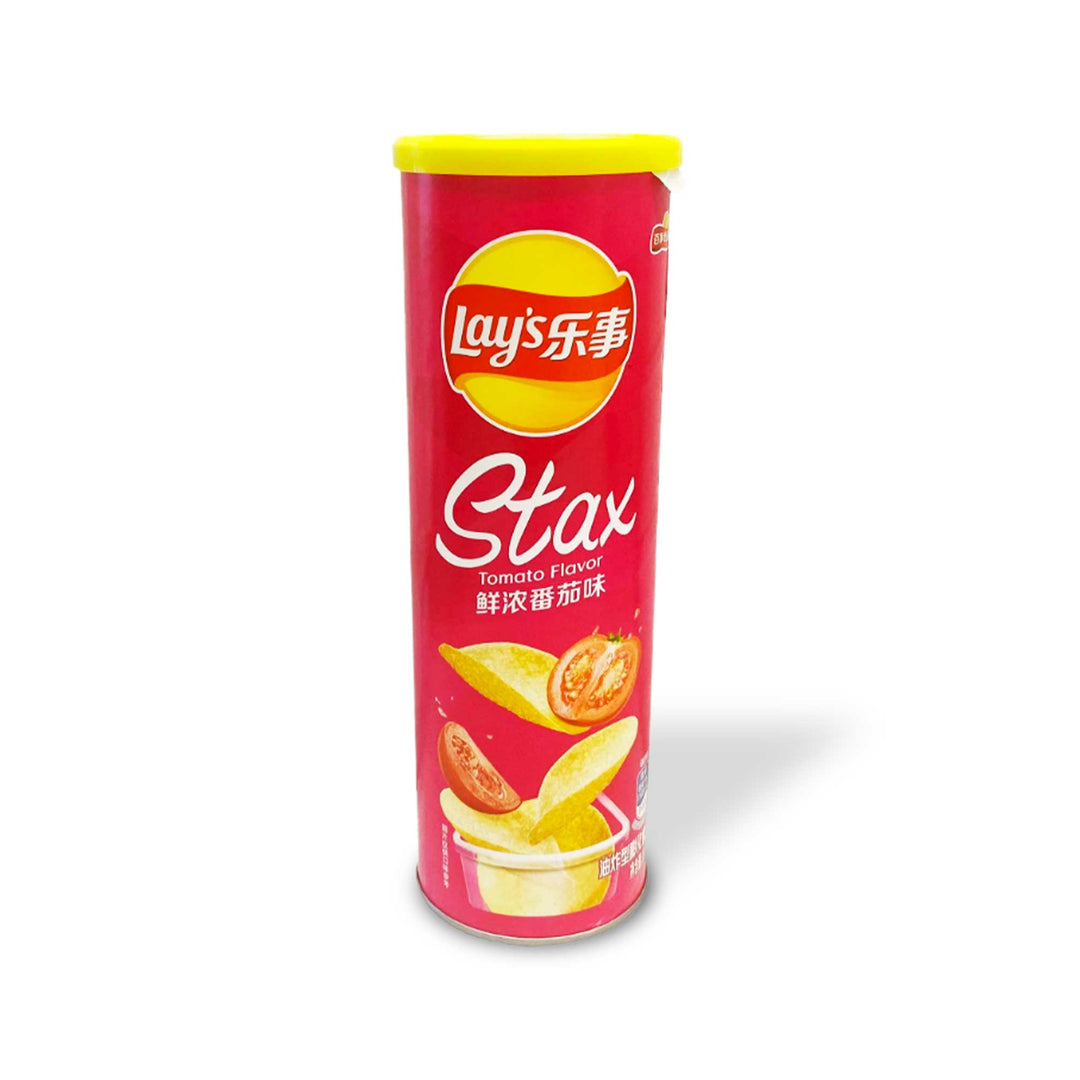 A can of Lay's Stax Potato Chips: Fresh Tomato on a white background.