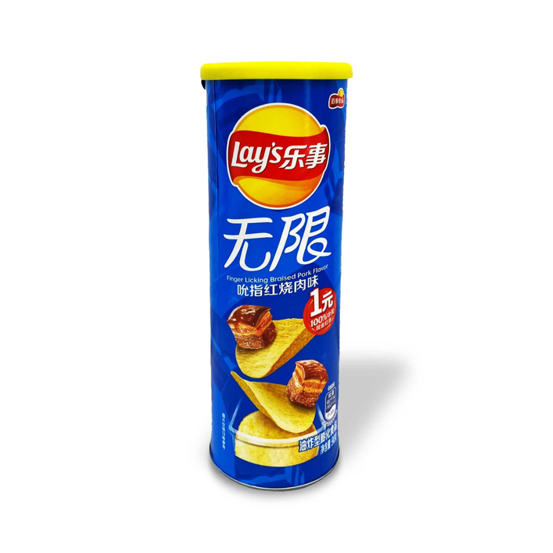 A can of Lay's Braised Pork Potato Chips with chinese writing on it.