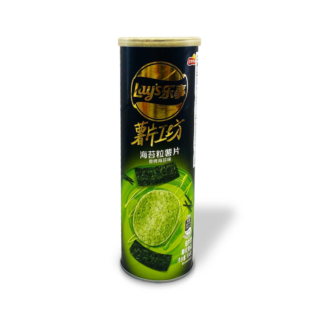 A can of Lay's Craft Potato Chips: Roasted Seaweed with chinese writing on it.