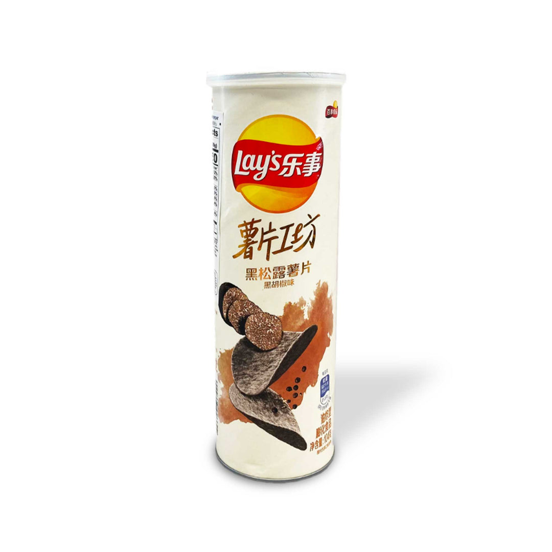 A Lay's Craft Potato Chips: Black Truffle and Peppercorn can with chinese writing on it.