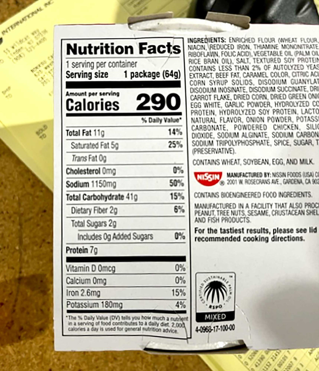 The nutrition facts label on a box of Nissin Cup Noodle: Beef.