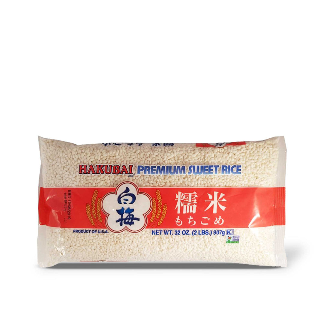 A bag of Hakubai Premium Mochigome Sweet Rice: 2 lb on a white background.