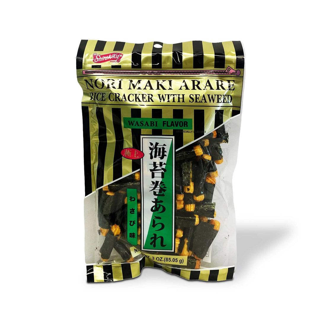 A bag of Shirakiku Arare Rice Crackers: Norimaki Seaweed & Wasabi with black and yellow stripes.
