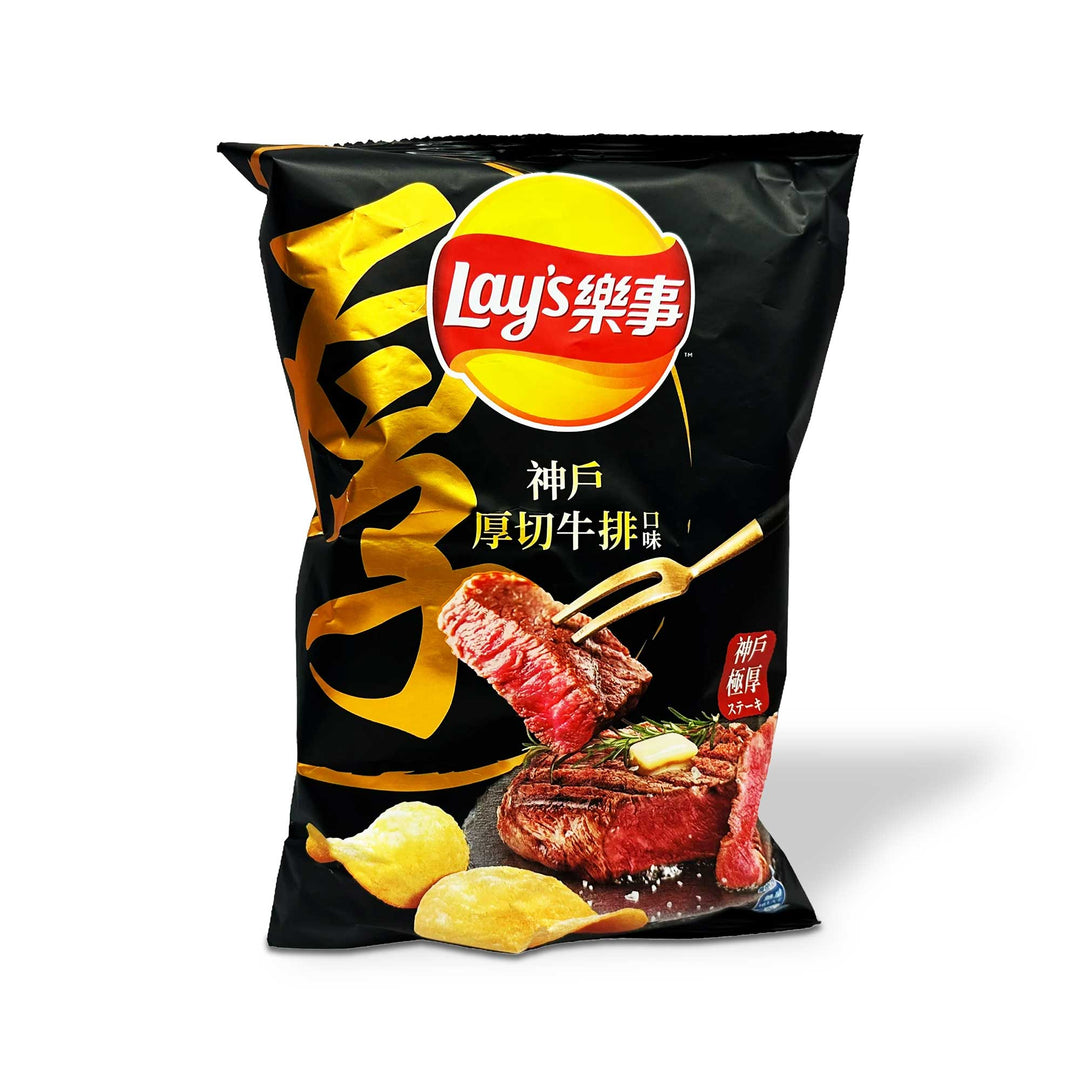 A bag of Lay's Potato Chips: Kobe Steak (Large Bag) with steak on it.