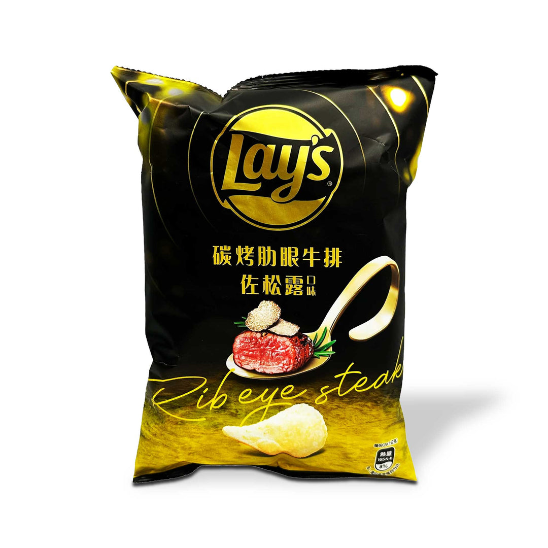 Lay's Potato Chips: Rib Eye Steak with Black Truffle (Large Bag) chips.