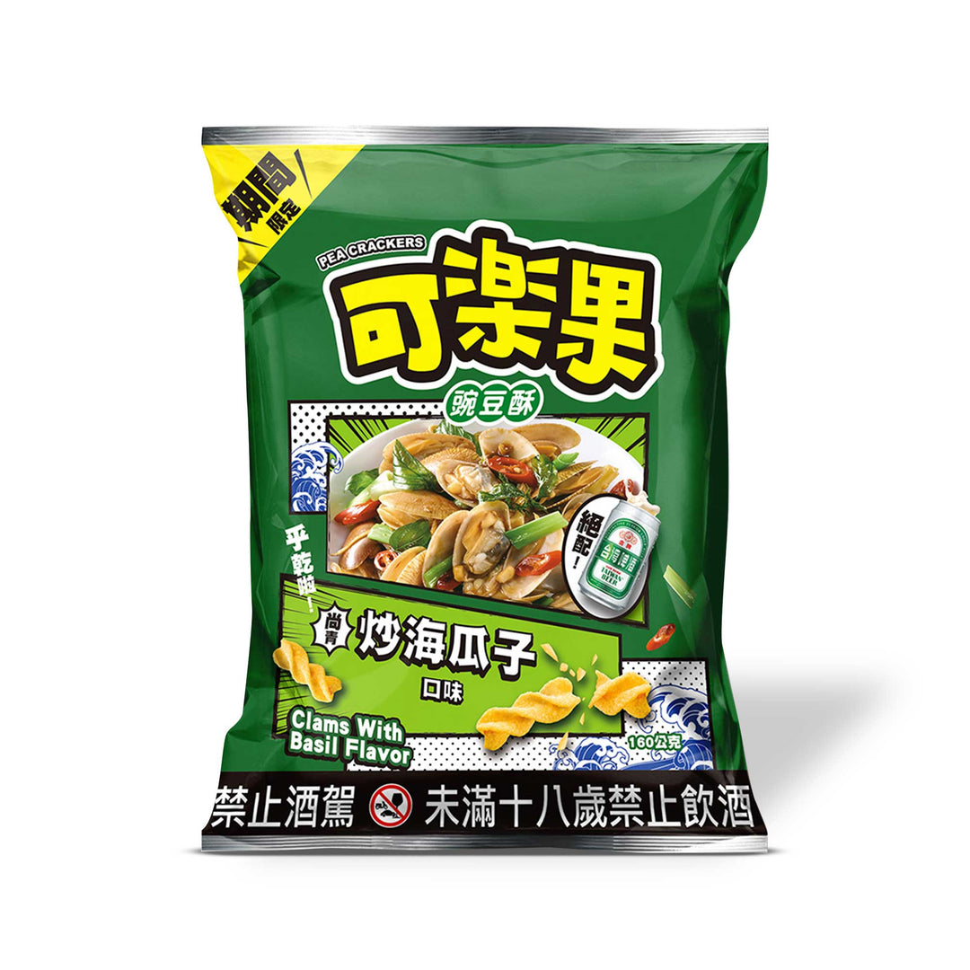 A bag of Koloko Chips: Taiwan Stir-Fried Clam and Basil (Large Bag) with chinese food on it.