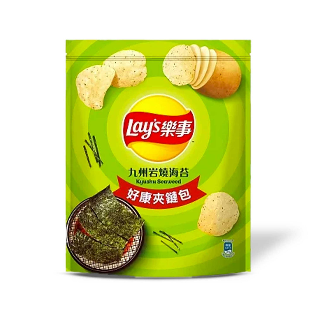 Taiwanese Lay's Potato Chips: Kyushu Seaweed (Party Size) with Chinese herbs on it.