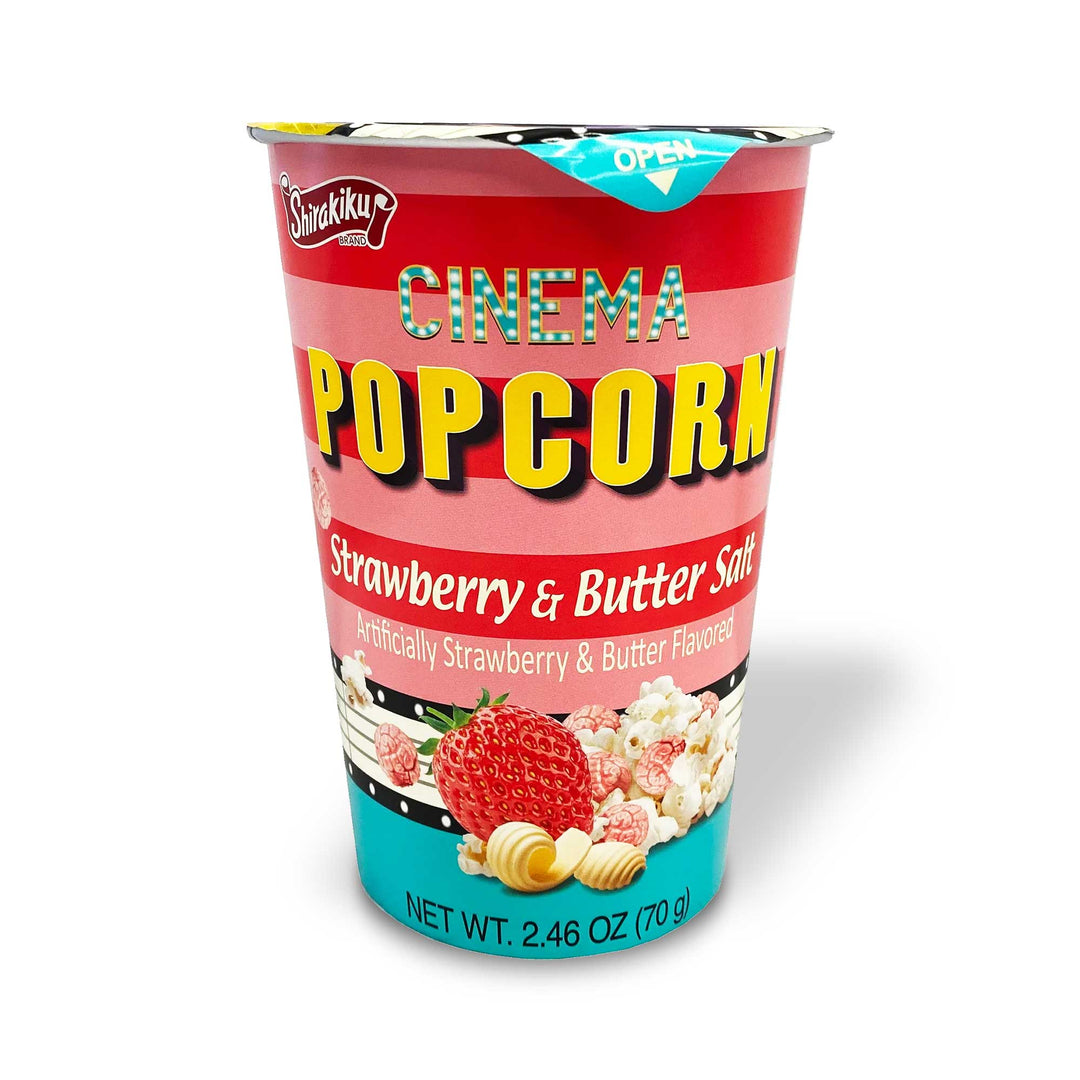A cup of Shirakiku Cinema Popcorn: Strawberry & Butter on a white background.