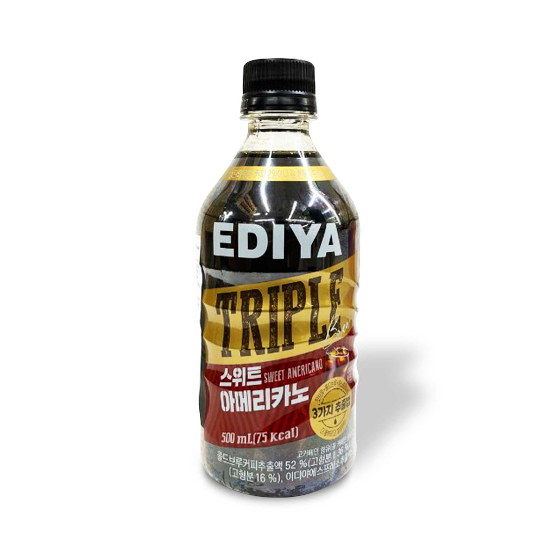 A bottle of Ediya Triple Korean Coffee: Sweet Americano triples on a white background.