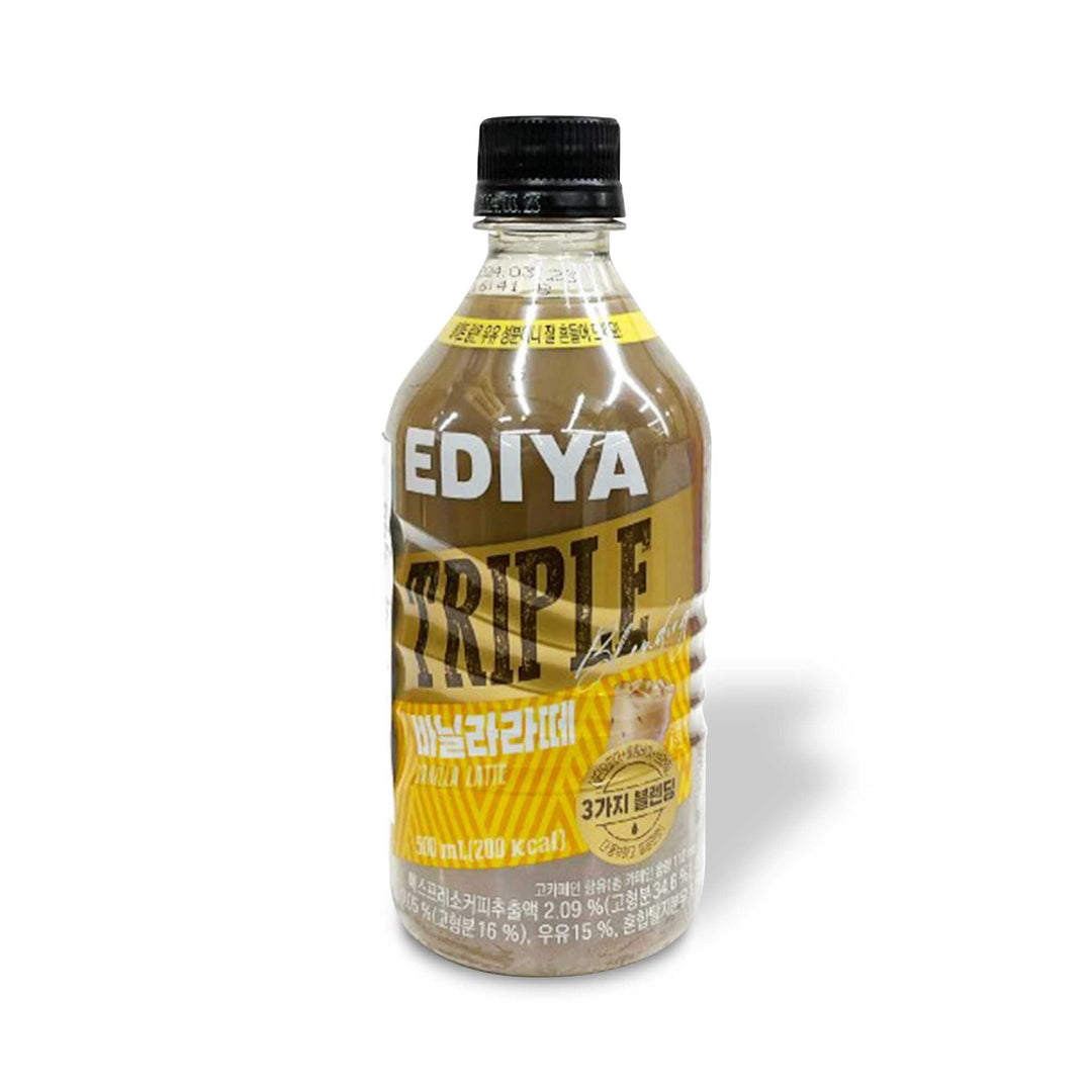 A bottle of Ediya Triple Korean Coffee: Vanilla Latte on a white background.