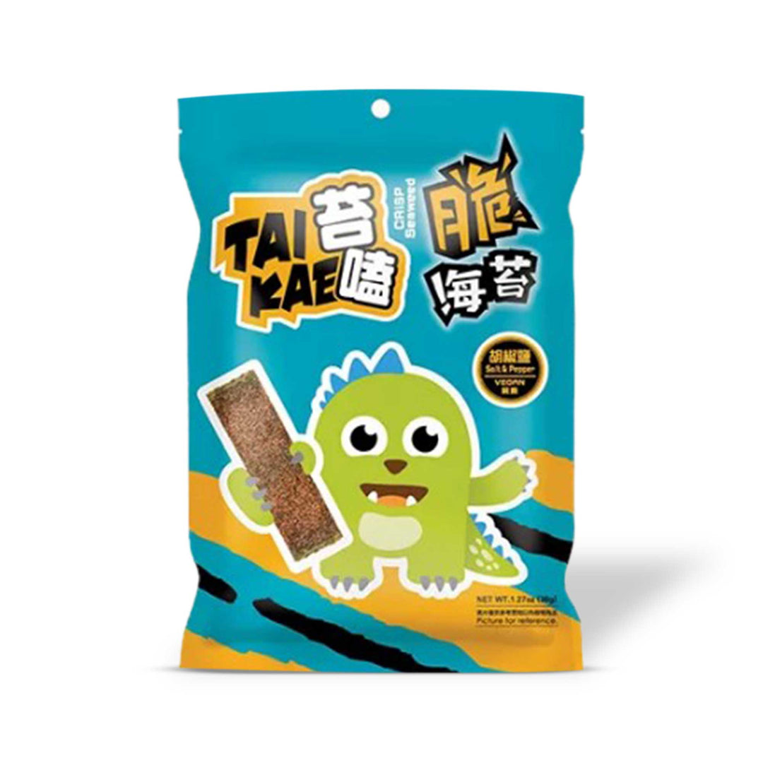 A bag of Tai Kae Crispy Seaweed Snack: Salt & Pepper with a green monster on it.