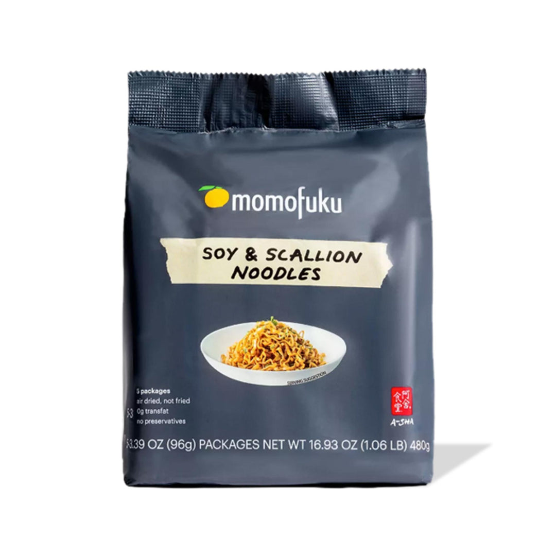 A bag of Momofuku x A-Sha Premium Instant Noodles: Soy Sauce & Scallion (5-pack) on a white background.