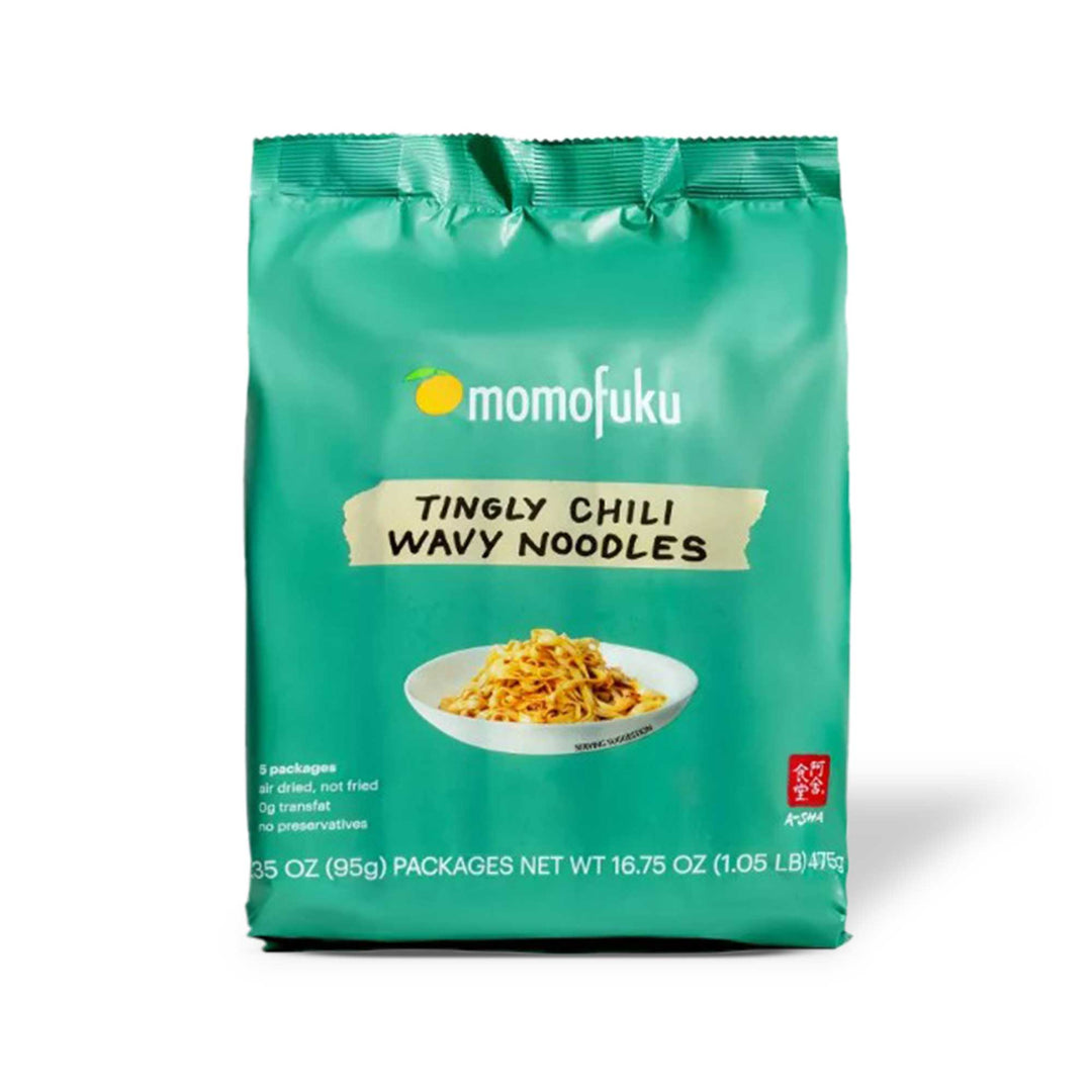 A bag of Momofuku x A-Sha Premium Instant Noodles: Tingly Chili (5-pack) on a white background.