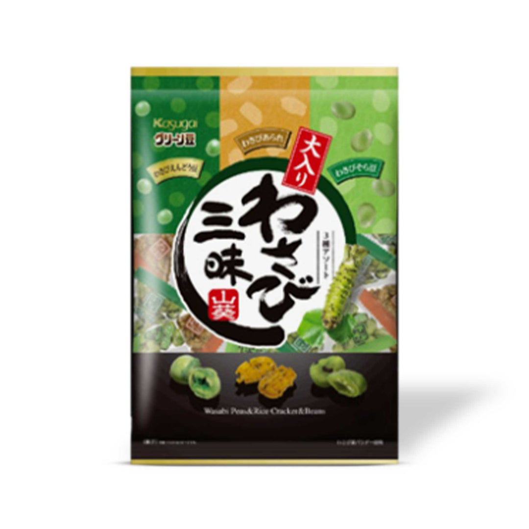 A bag of Kasugai Wasabi Crunchy Snack Mix, a spicy and umami-rich rice crackers.