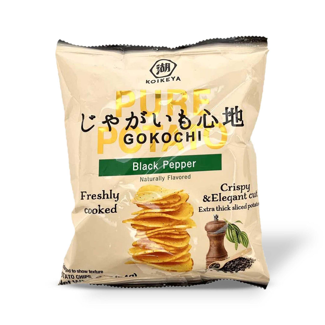 A bag of Koikeya Thick-Cut Potato Chips: Black Pepper on a white background.