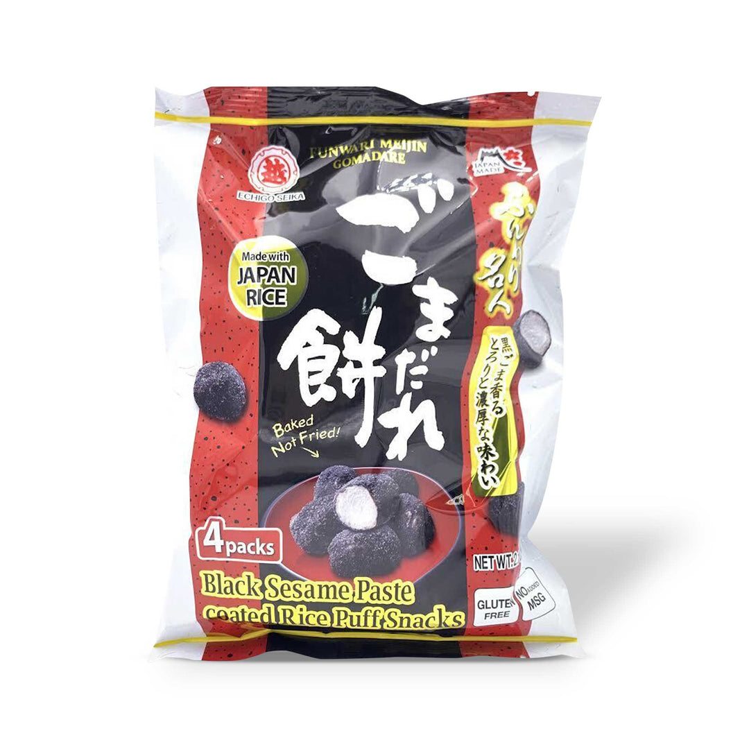 A bag of Funwari Meijin Mochi Puffs: Rich Black Sesame by Echigo Seika on a white background.