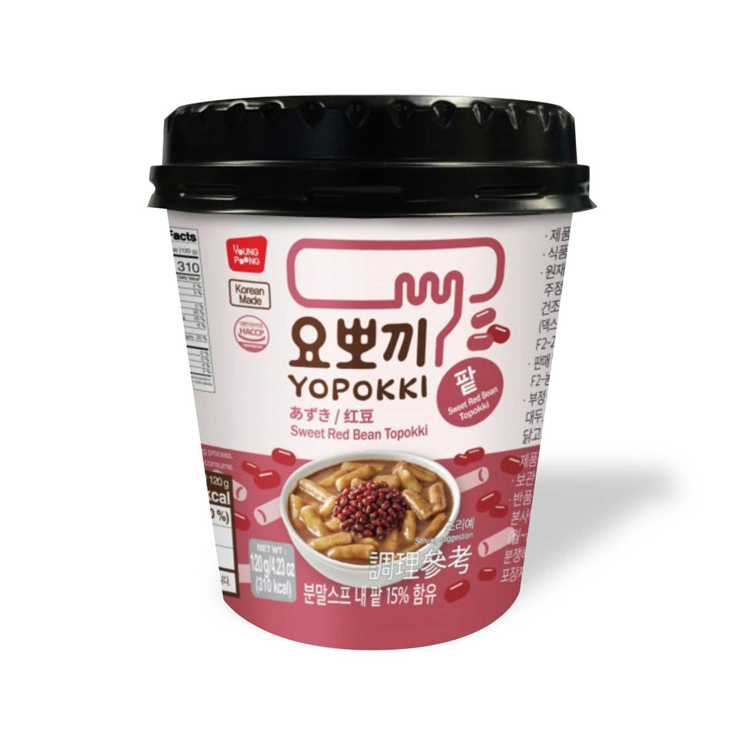 A cup of Yopokki Instant Tteokbokki Rice Cake Cup: Sweet Red Bean on a white background.