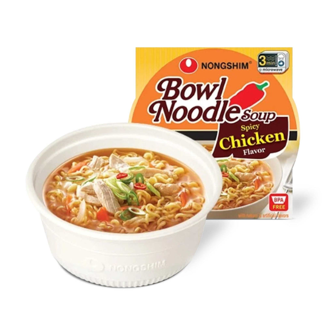 Satisfying Nongshim Noodle Bowl: Spicy Chicken, offering a savory flavor.