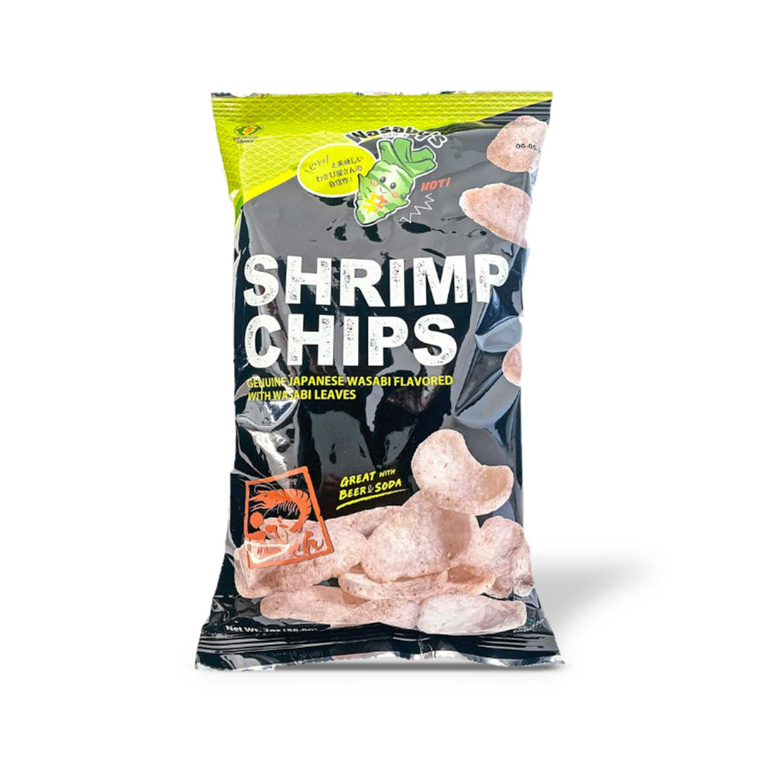 A bag of Kinjirushi Wasabi Shrimp Chips, a delicious snack with a hint of wasabi, on a white background.