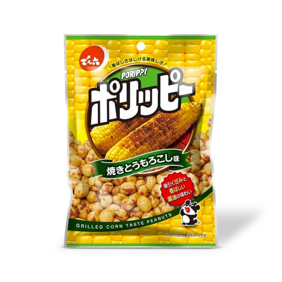 A bag of Denroku Porippy Crunchy Peanuts: Grilled Corn Flavor.