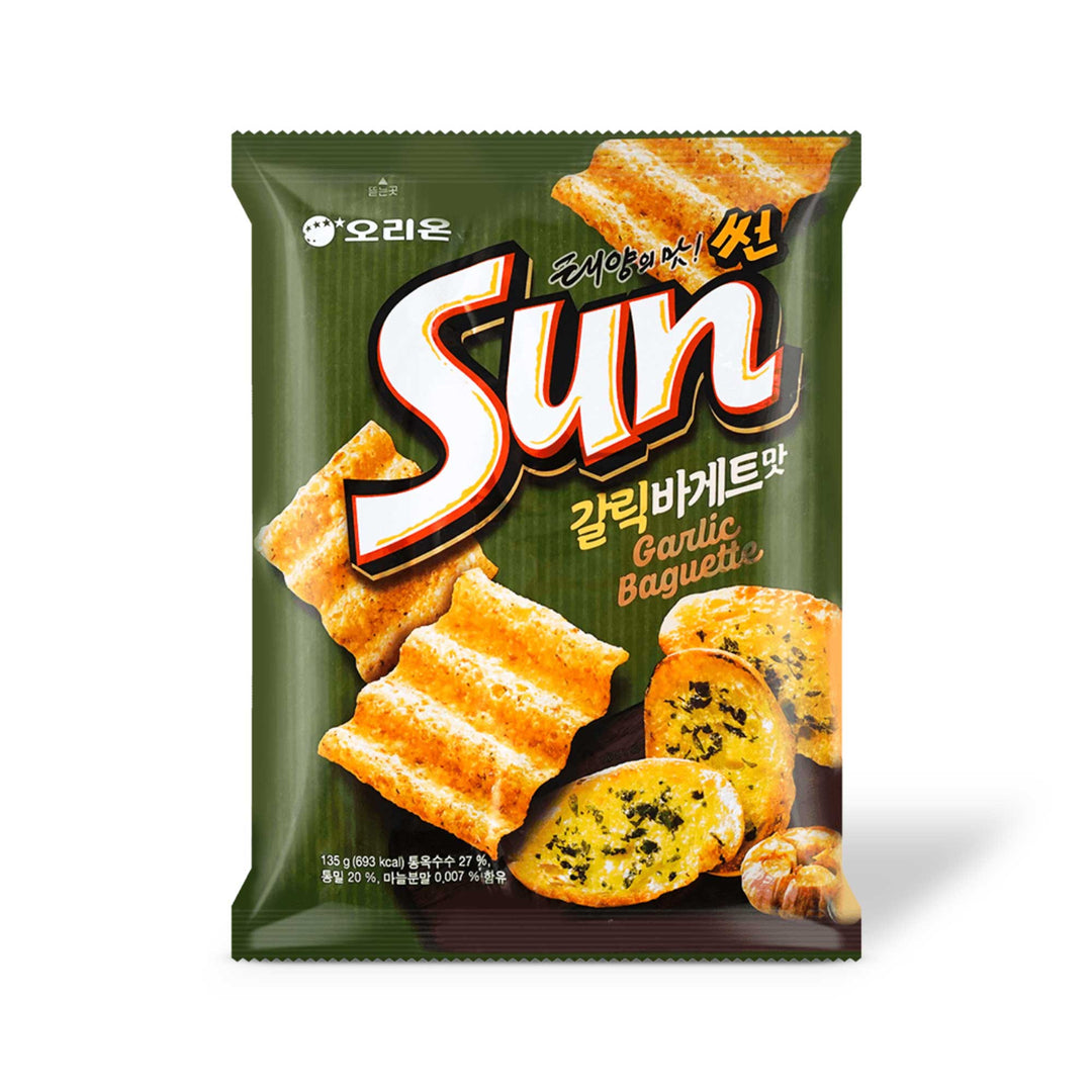 A bag of Korean Sun Chips: Garlic Baguette, made with whole grain, on a white background.